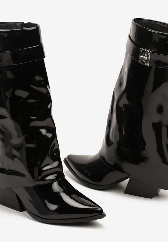 bottes femme noires à revers avec lanière dorée et talon carré