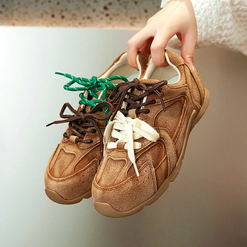 2024 Women's Genuine Leather Retro Sneakers – Spring Contrast Flat Casual Shoes