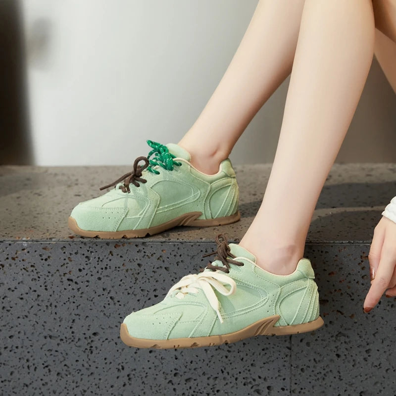 2024 Women's Genuine Leather Retro Sneakers – Spring Contrast Flat Casual Shoes