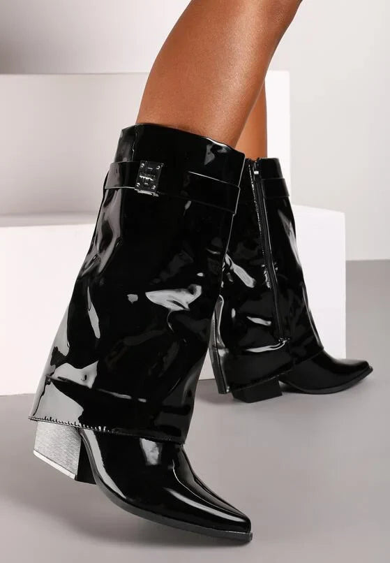 bottes femme noires à revers avec lanière dorée et talon carré