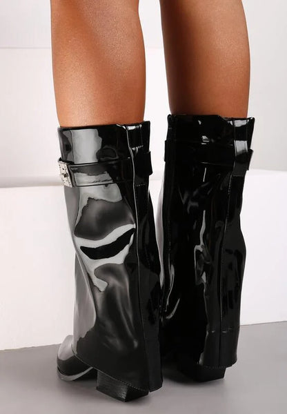 bottes femme noires à revers avec lanière dorée et talon carré