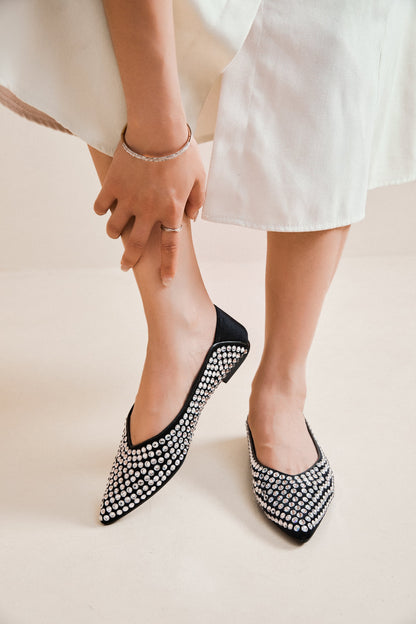 ballerines en suédine à strass argentés et bout pointu