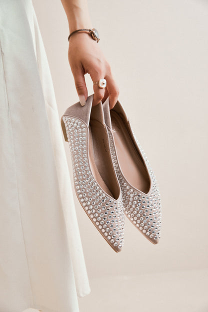 ballerines en suédine à strass argentés et bout pointu