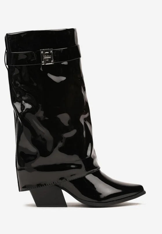 bottes femme noires à revers avec lanière dorée et talon carré