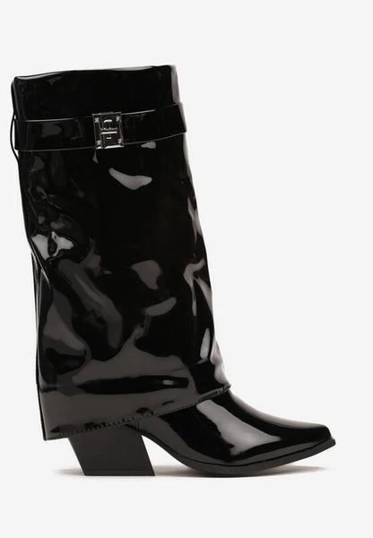 bottes femme noires à revers avec lanière dorée et talon carré