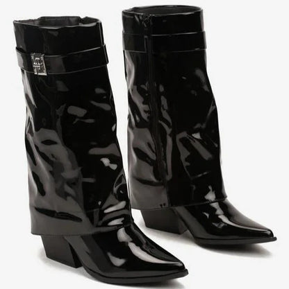 bottes femme noires à revers avec lanière dorée et talon carré