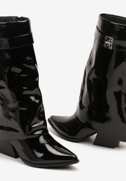 bottes femme noires à revers avec lanière dorée et talon carré