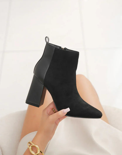 Bottines femme chic à talon haut épais et bout pointu en bi-matière