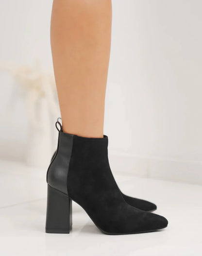Bottines femme chic à talon haut épais et bout pointu en bi-matière