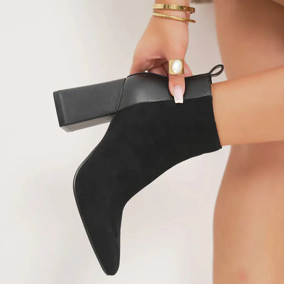 Bottines femme chic à talon haut épais et bout pointu en bi-matière