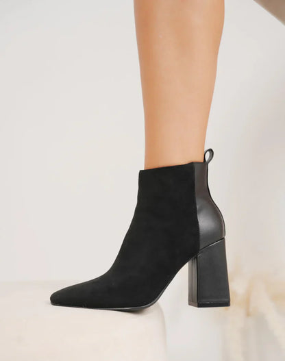 Bottines femme chic à talon haut épais et bout pointu en bi-matière