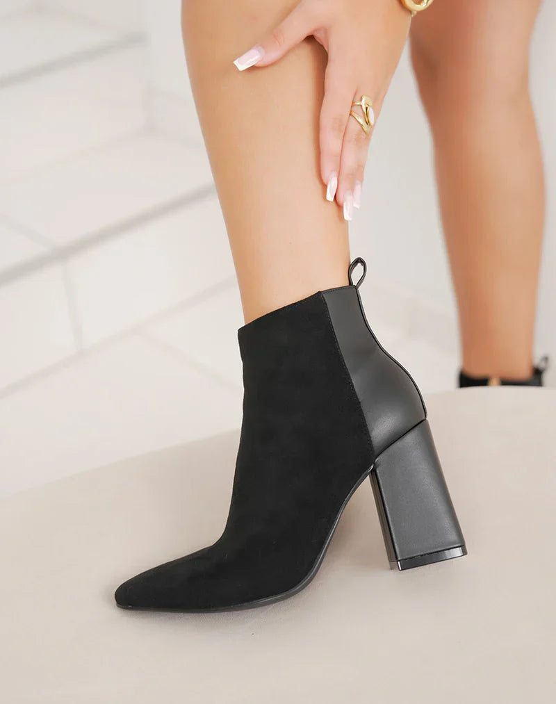 Bottines femme chic à talon haut épais et bout pointu en bi-matière