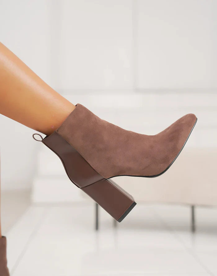 Bottines femme chic à talon haut épais et bout pointu en bi-matière