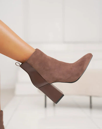 Bottines femme chic à talon haut épais et bout pointu en bi-matière