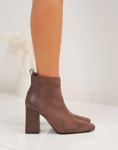 Bottines femme chic à talon haut épais et bout pointu en bi-matière