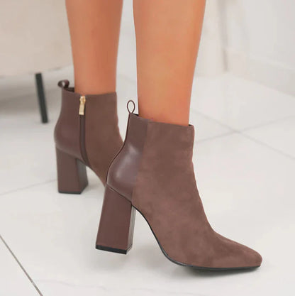 Bottines femme chic à talon haut épais et bout pointu en bi-matière