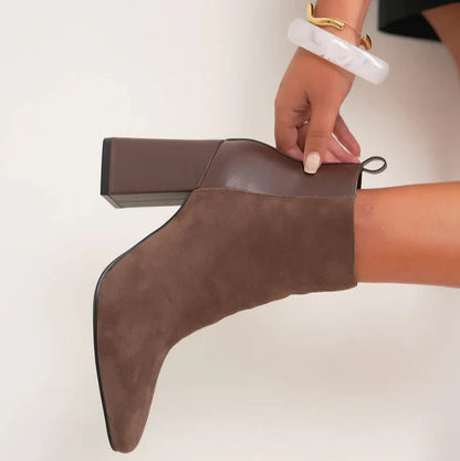 Bottines femme chic à talon haut épais et bout pointu en bi-matière