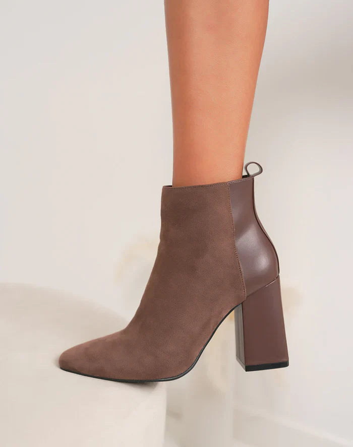 Bottines femme chic à talon haut épais et bout pointu en bi-matière