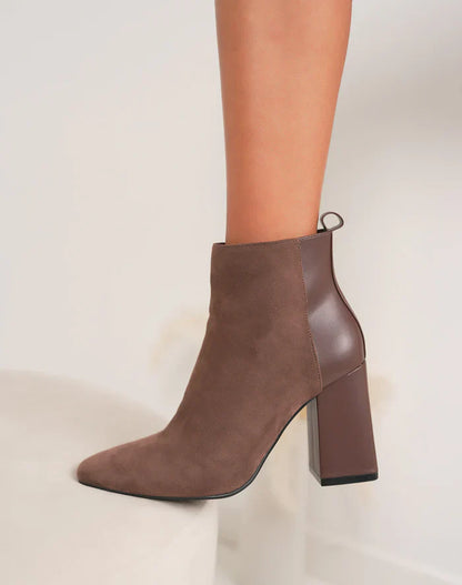 Bottines femme chic à talon haut épais et bout pointu en bi-matière