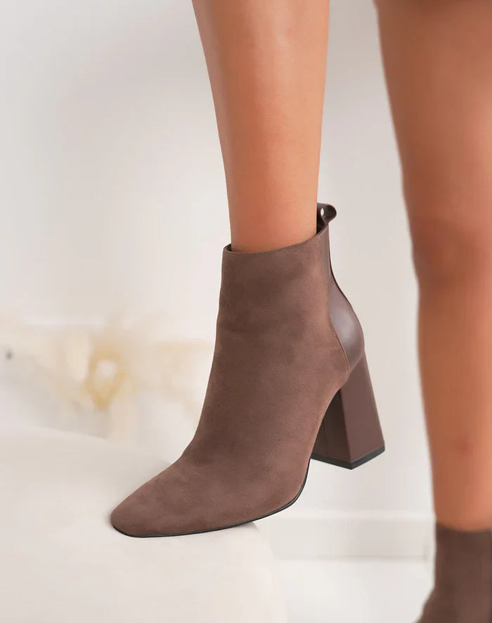 Bottines femme chic à talon haut épais et bout pointu en bi-matière