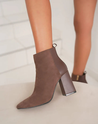 Bottines femme chic à talon haut épais et bout pointu en bi-matière