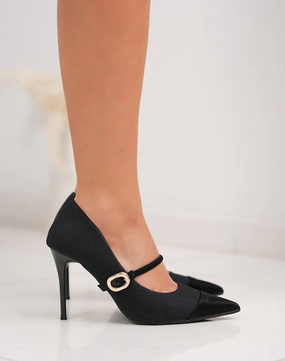 Escarpins noirs femme à talon aiguille – bout pointu et lanière dorée chic