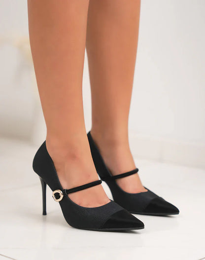 Escarpins noirs femme à talon aiguille – bout pointu et lanière dorée chic