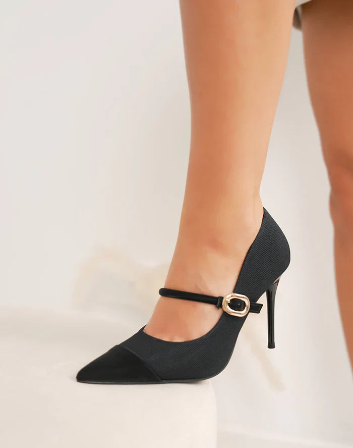Escarpins noirs femme à talon aiguille – bout pointu et lanière dorée chic
