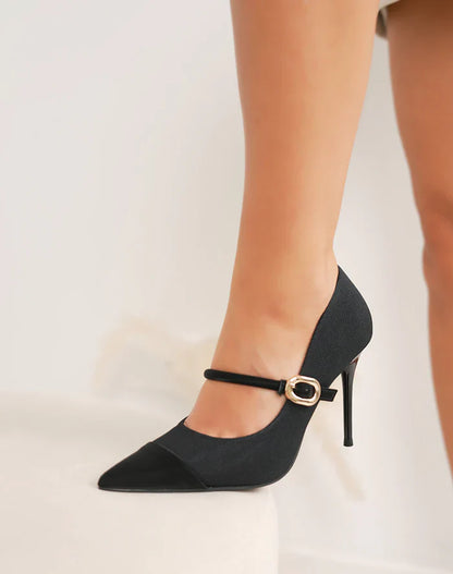 Escarpins noirs femme à talon aiguille – bout pointu et lanière dorée chic