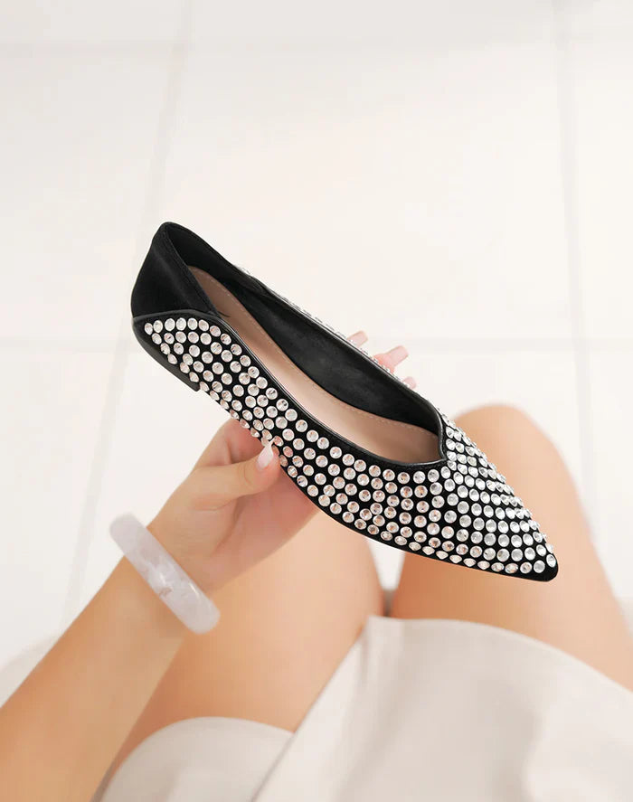 ballerines en suédine à strass argentés et bout pointu