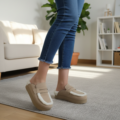 Sabot en suédine cuir fourrée à plateforme et semelle crantée