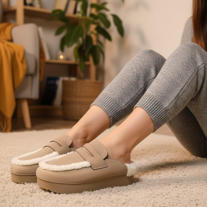 Sabot en suédine cuir fourrée à plateforme et semelle crantée