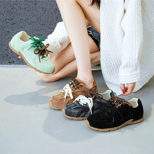2024 Women's Genuine Leather Retro Sneakers – Spring Contrast Flat Casual Shoes