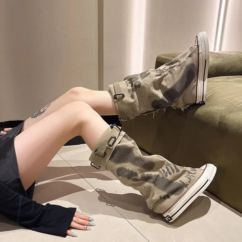 Graffiti High Top Canvas Boots – Women's 2024 Stacking Trouser Barrel Boots