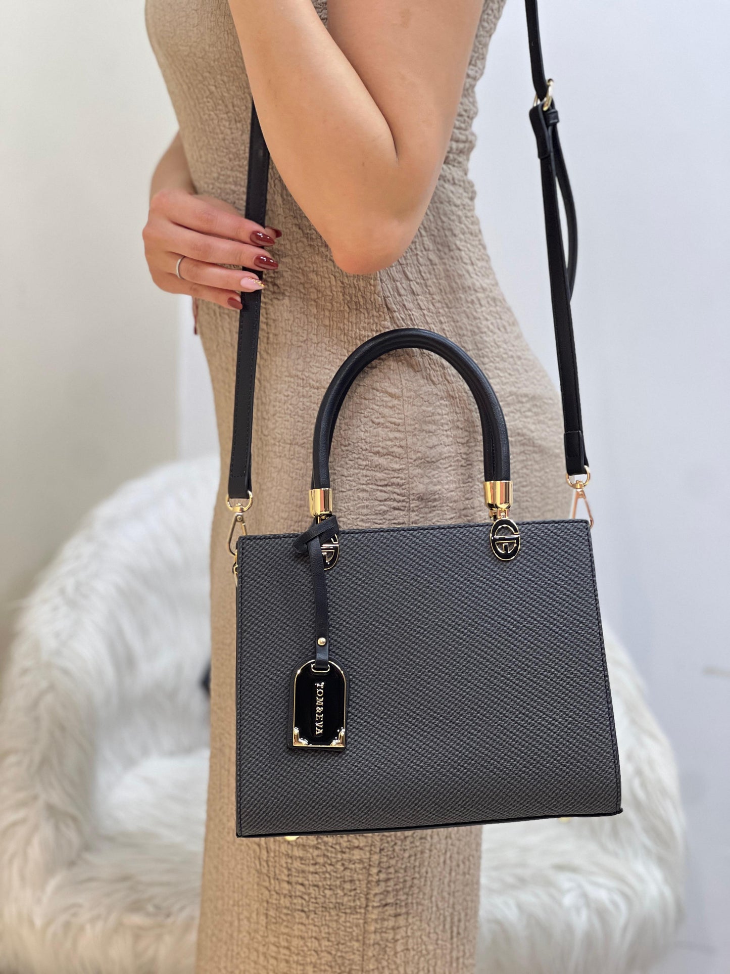 Medium Sac à Main Effet Tissu Avec Pendentif