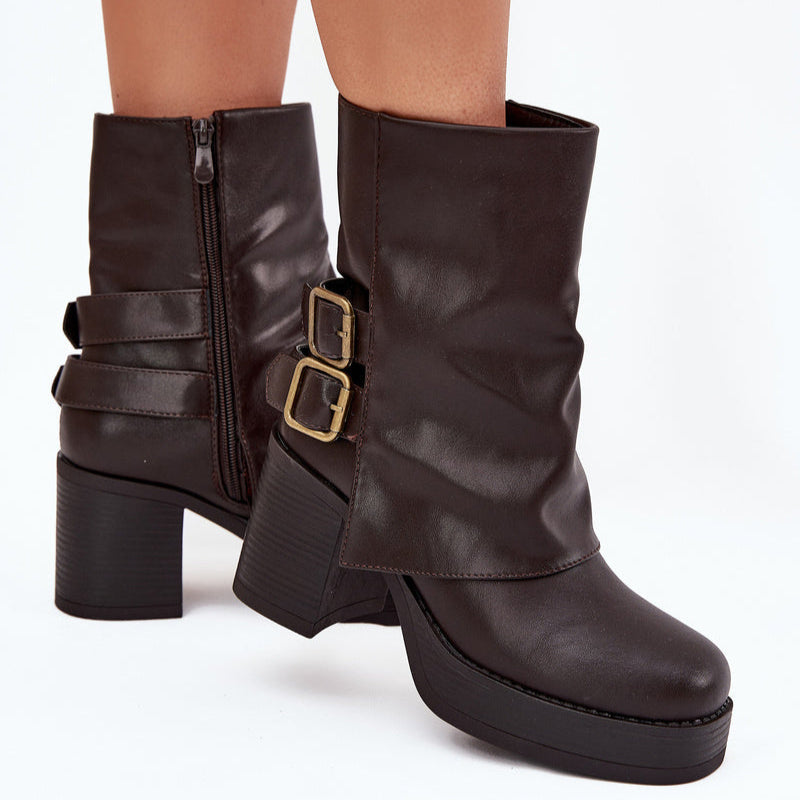 Bottines Femme Talon Bloc Boucles Fermeture Éclair Noir