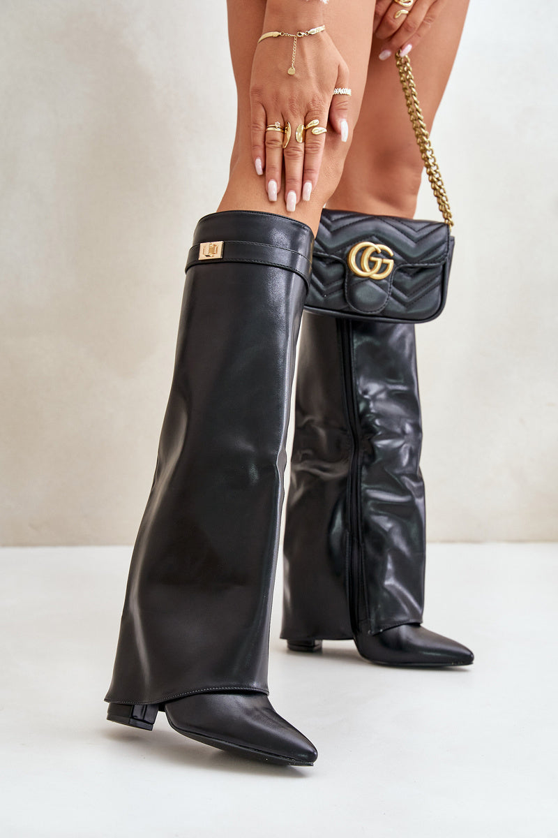 bottes à talon pour femme, tige retroussée, brides à boucles