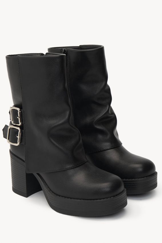 Bottines Femme Talon Bloc Boucles Fermeture Éclair Noir