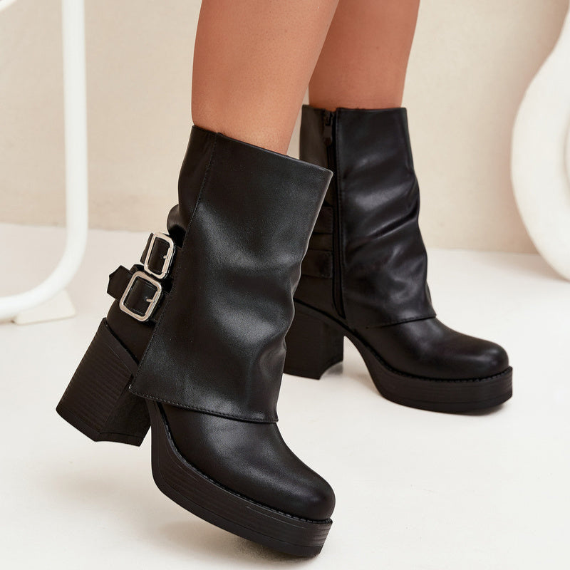 Bottines Femme Talon Bloc Boucles Fermeture Éclair Noir