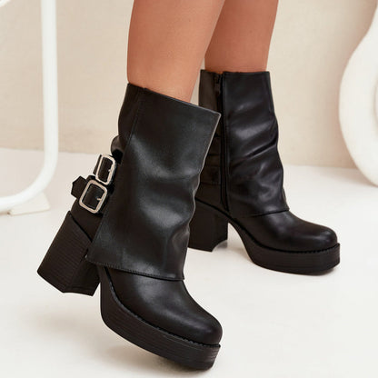 Bottines Femme Talon Bloc Boucles Fermeture Éclair Noir