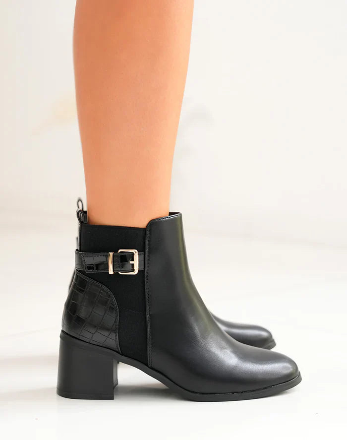 bottines à talon noires bi-matières à sangle dorée