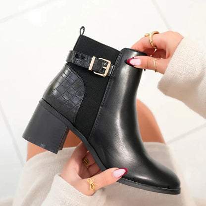 bottines à talon noires bi-matières à sangle dorée