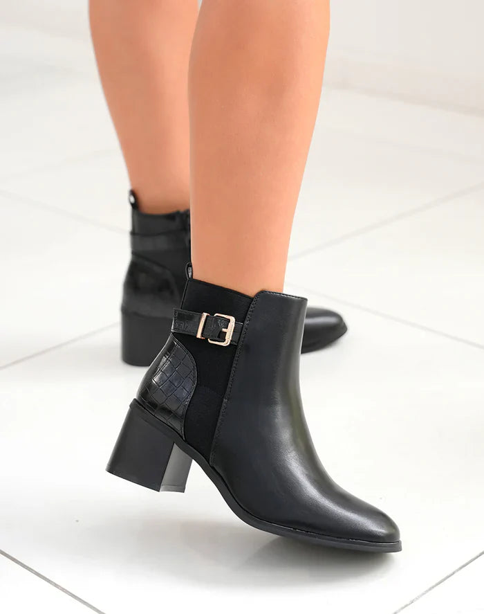 bottines à talon noires bi-matières à sangle dorée