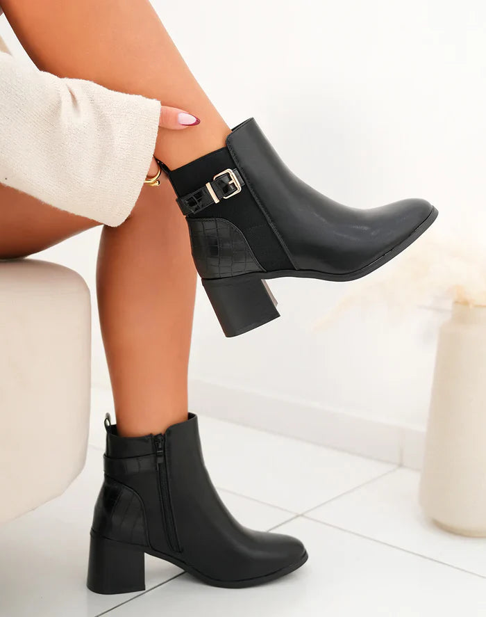 bottines à talon noires bi-matières à sangle dorée
