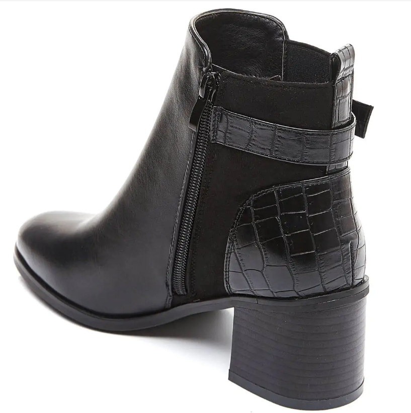 bottines à talon noires bi-matières à sangle dorée