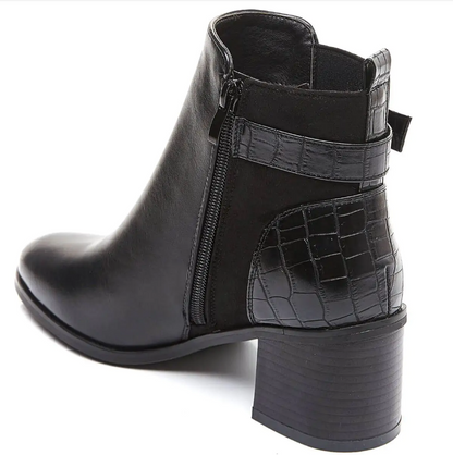 bottines à talon noires bi-matières à sangle dorée